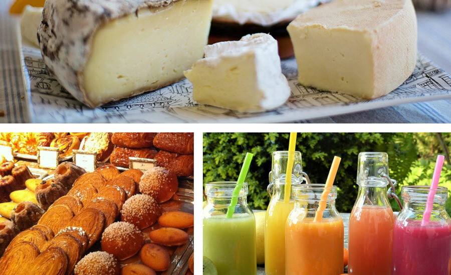 Cheese Platter, Baked Goods Display, Jars of Colorful Smoothies