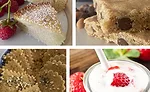 Collage of Cookie Bars, Yogurt Parfait, Crackers, and Cake Made with American Key Food Products Ingredients